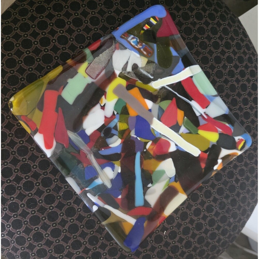 Very Rare Art Fused Glass Square Dish Multicolor Abstract Wall Decor 8"